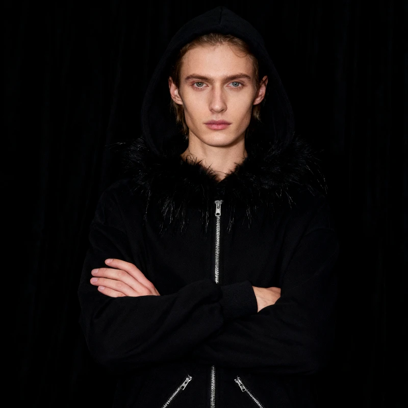 جديد أسود زيبر سبليت مطبوعة أفخم هوديي شارع العليا القوطية نمط موضة الاتجاه Harajuku ريترو فضفاض الخريف/الشتاء معطف دافئ #2