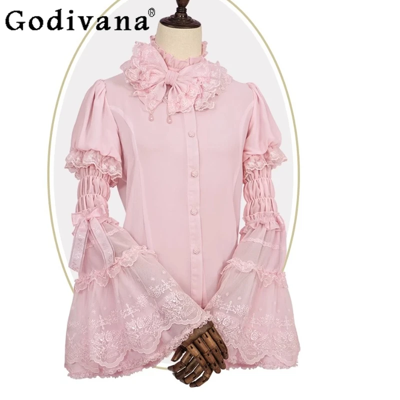 

Lolita Removable Temperament Flare Sleeve Solid Color Shirt 2025 Spring Summer New Ruffles Versatile Age Reducing Chiffon Blouse