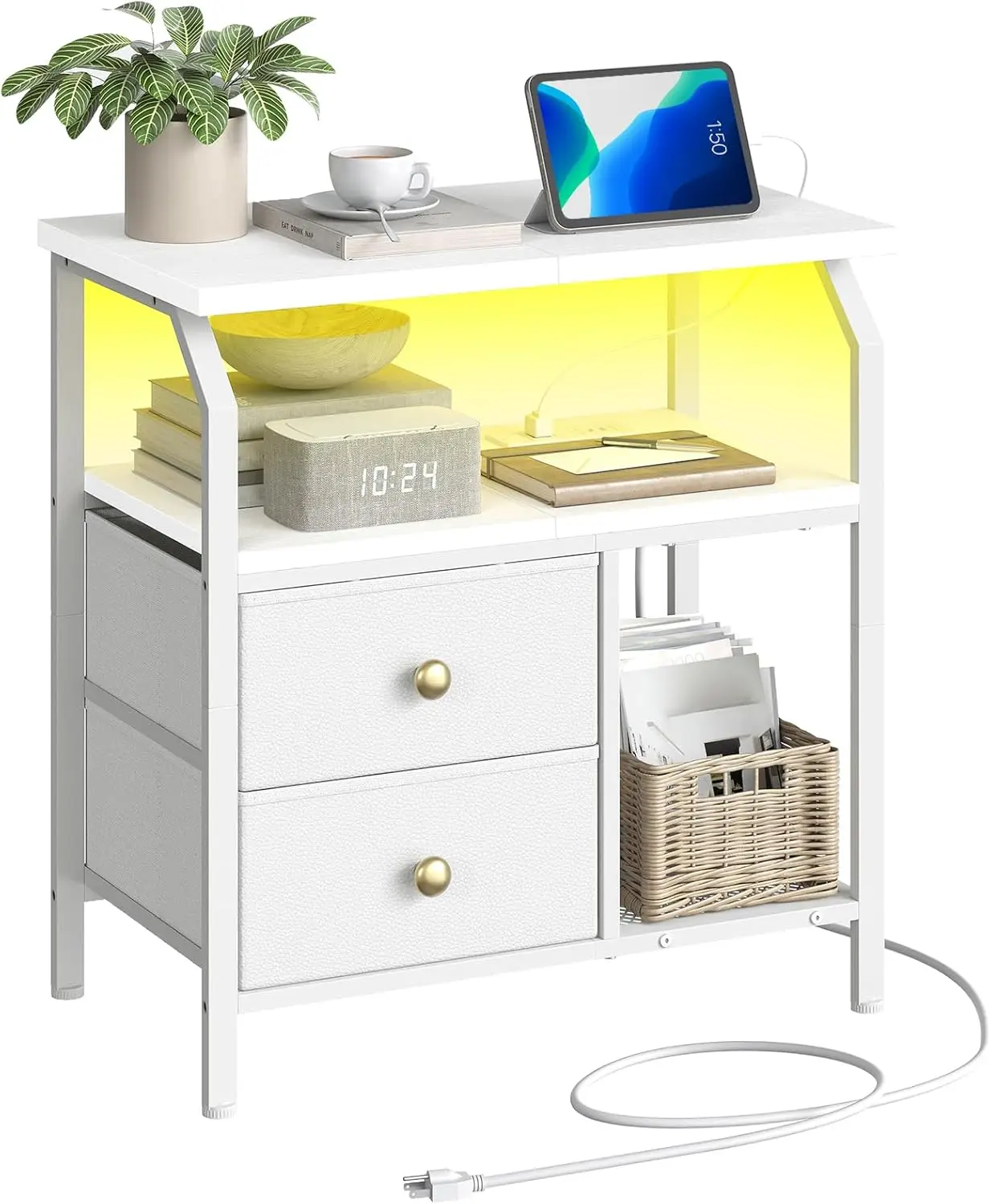 

23-Inch Wide Nightstand with Charging Station, LED Light, 2 Drawers & Open Shelf for Bedroom in White