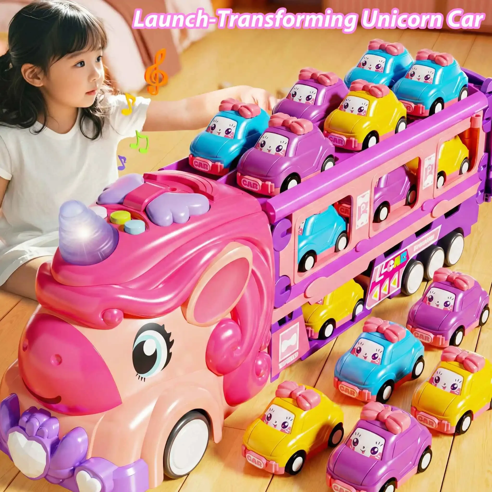 

Pink Unicorn Transport Truck Toy for Toddler Girls with Foldable Race Track, Lights & Music, 6 Mini Cars Storage Birthday Gift