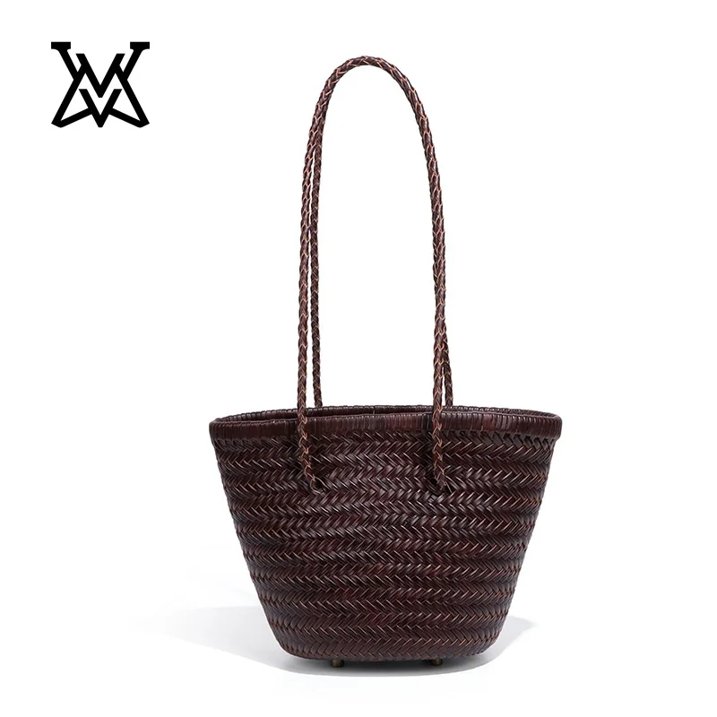 

Luxury Brand Vintage Genuine Leather Tote Handbag Top Quality Women's Weave Basket Shopping Bag Travelling Beach Hobos Handbag