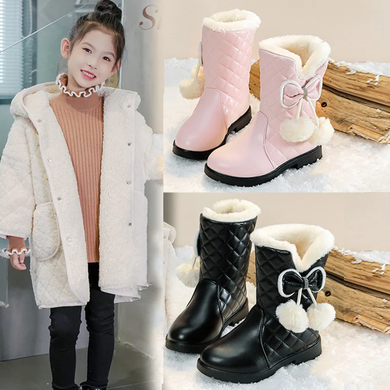 

Girls Winter Snow Boots Cute Bow Children Plush Fur Lined Warm Shoes Kids Princess Thick Outdoor Boots