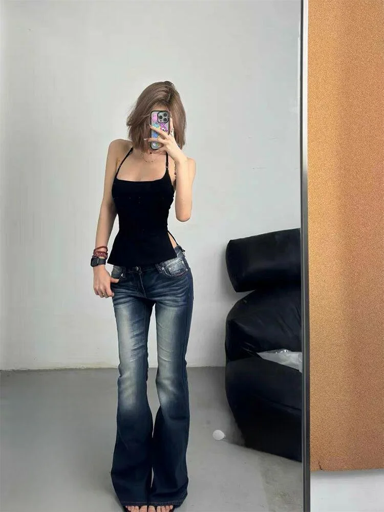 

Low Waist Bell Bottom Denim Jeans Women's Summer Slim Fit American Style Blue Straight Leg Hoof Pants Thin Model