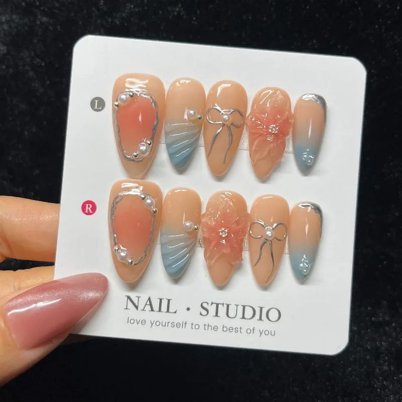 10PCS 3D Floral Press on Nails Almond Shape Peach Pink Ombre with Rhinestone Design Sweet Elegant False Nails Handmade for Women