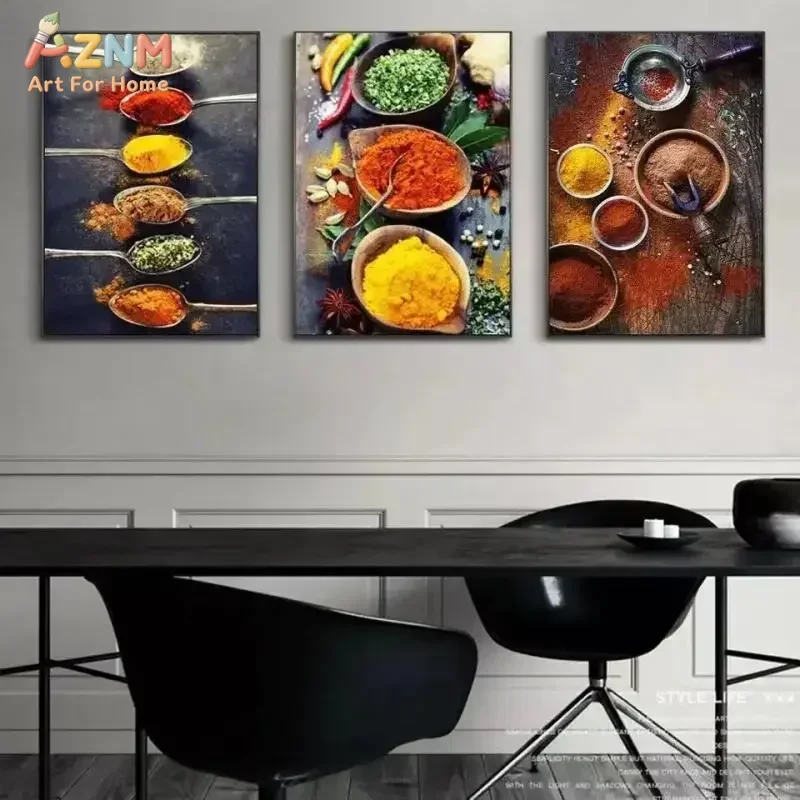 AZNM Rustic Colorful Kitchen Spices Turmeric Chili Canvas Wall Art, Dark Wood Texture Culinary Unframed Print For Restaurant Din