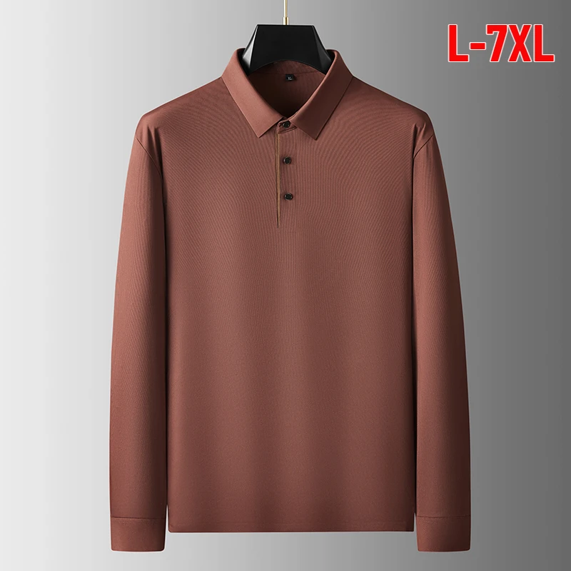 

Plus Size 7XL Spring Autumn Seamless Men's Polo Shirts Elasticity Long Sleeve Solid Color Business Casual Male T-shirts Man Tees