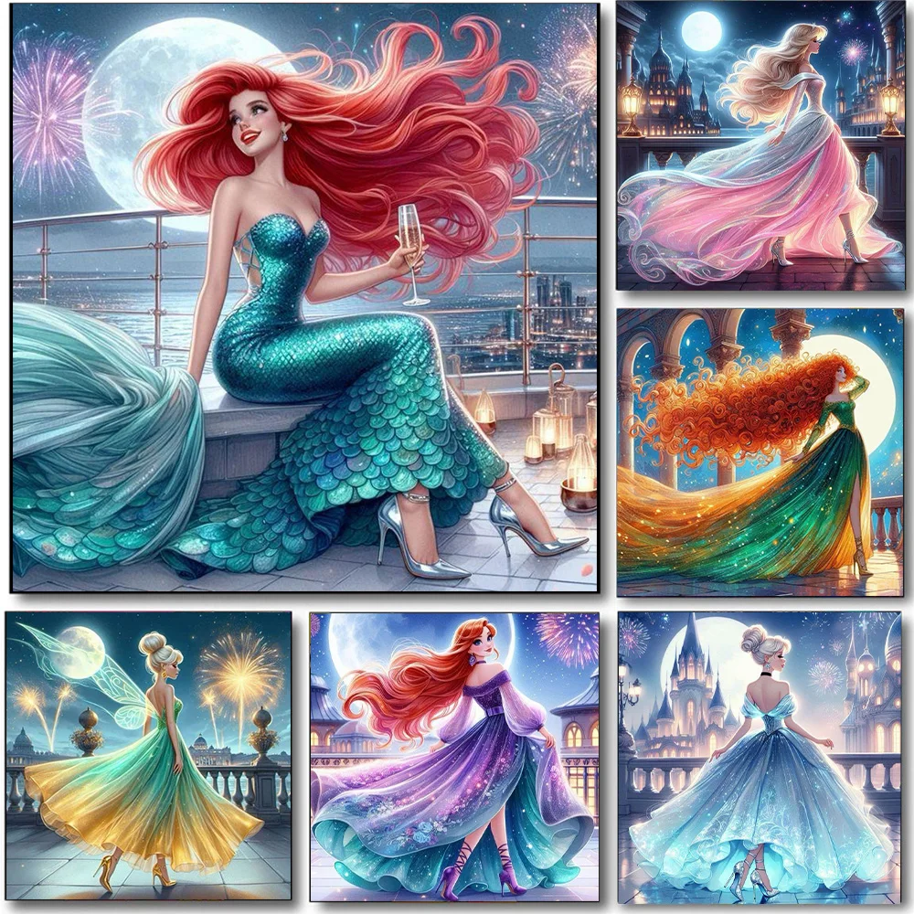 Cartoon Princess 5D Full Round Diamond Painting Kits Cute Cinderella Mermaid Ariel DIY Drills Mosaic Embroidery Cross-stitch