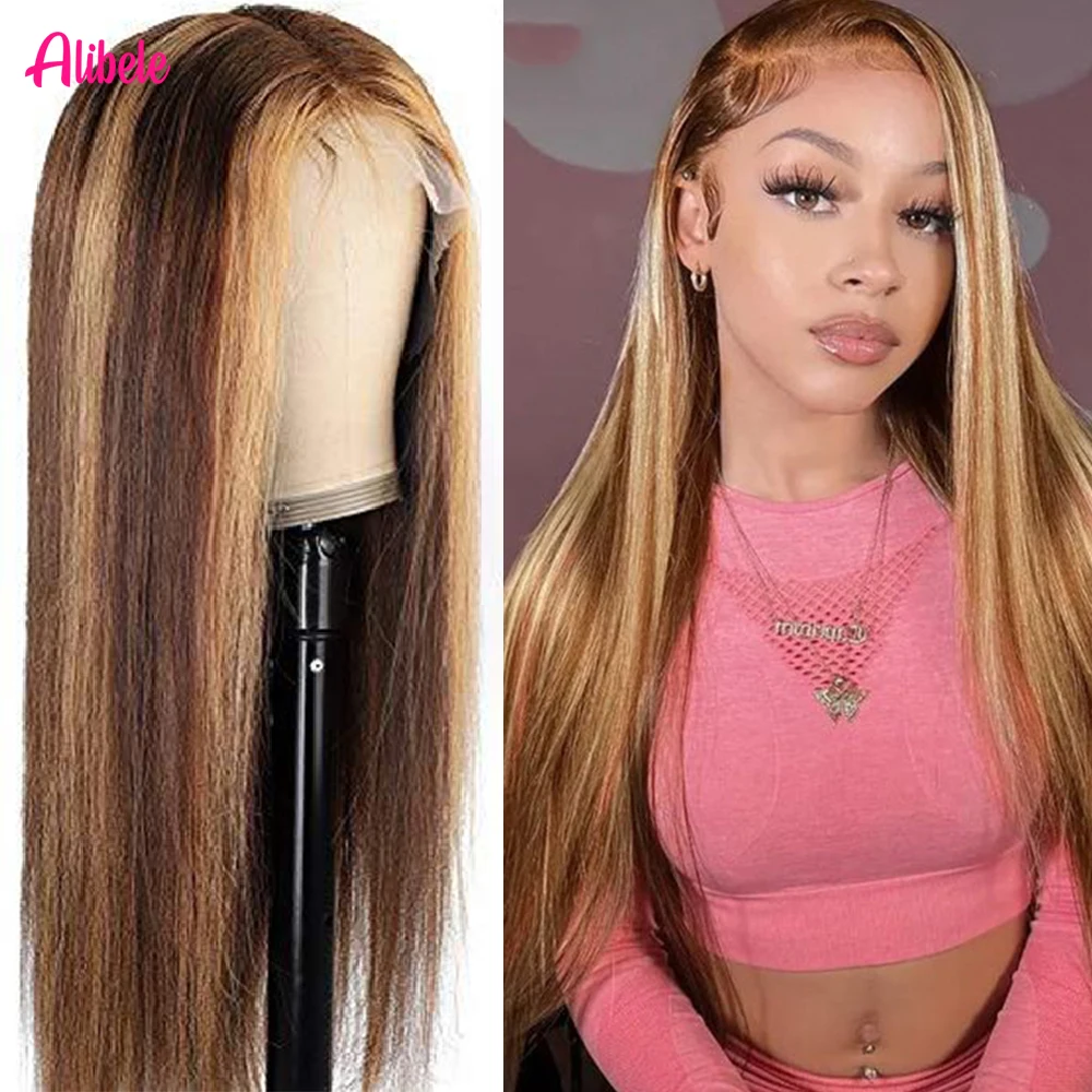 Alibele, venta al por mayor, pelucas de cabello humano liso 13x4, pelucas frontales de encaje HD pre blanqueadas, Ombre P4/27, color Piano para mujeres