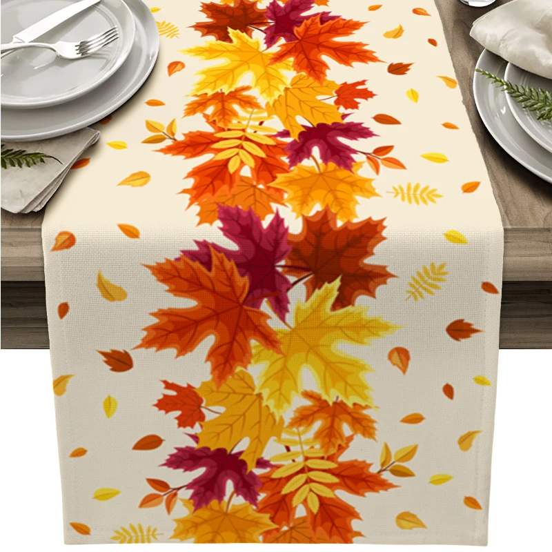 Autumn Table Runner Orange Watercolor Maple Leaf Retro Tablecloth Wedding Decor Holiday Dining Coffee Table Decor Placemat