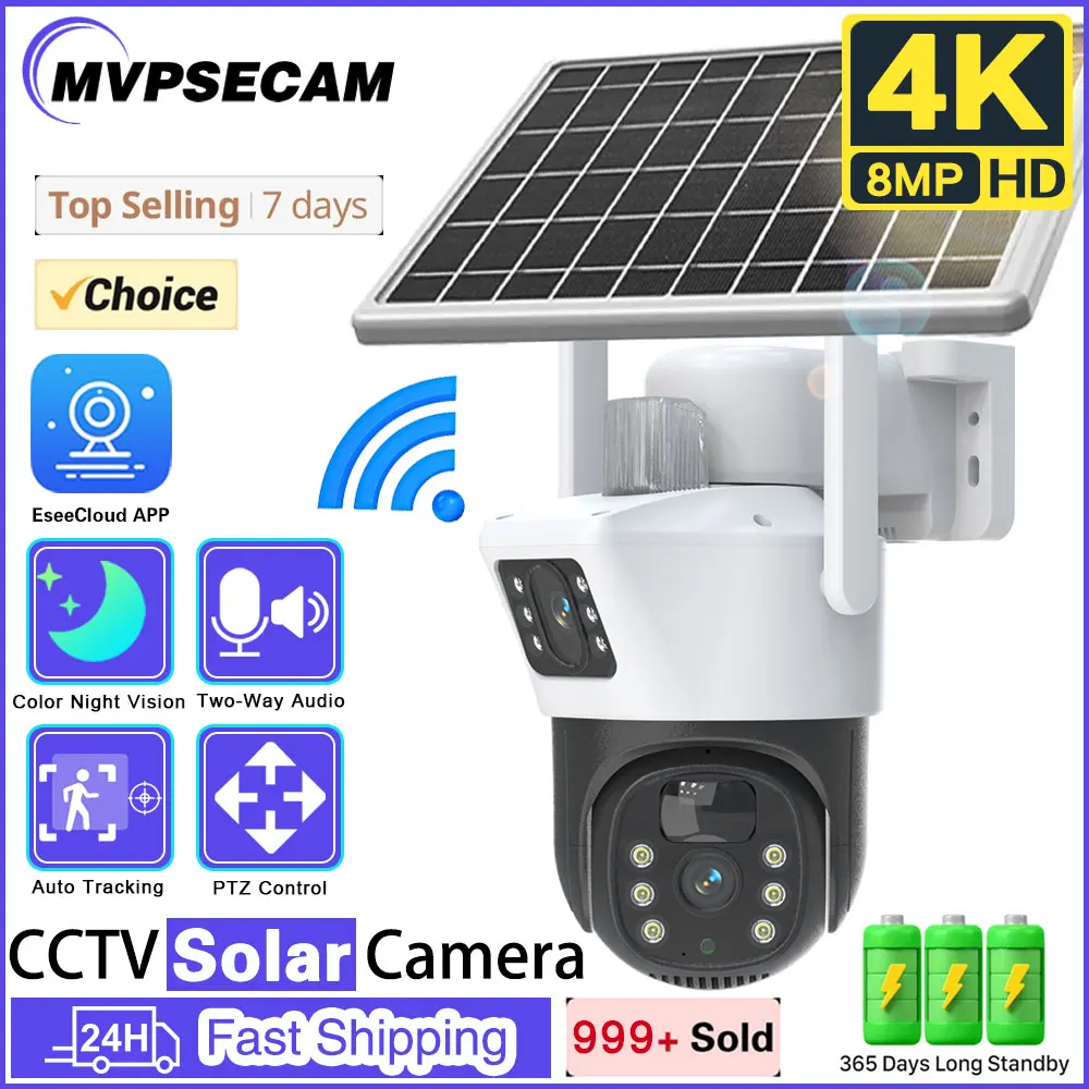 Solar Camera Wireless Outdoor Dual Lens WiFi 8MP 4K IP Camara Solar Panel CCTV Security Built in Battery PIR Cam EseeCloud APP