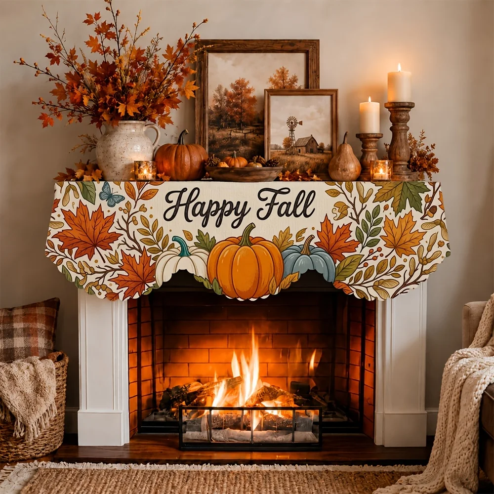 VIKAMA Fall Fireplace Mantel Scarf Pumpkin Maple Leaf Mantel Topper Harvest Fireplace Shelf Cover Thanksgiving Home Indoor Decor