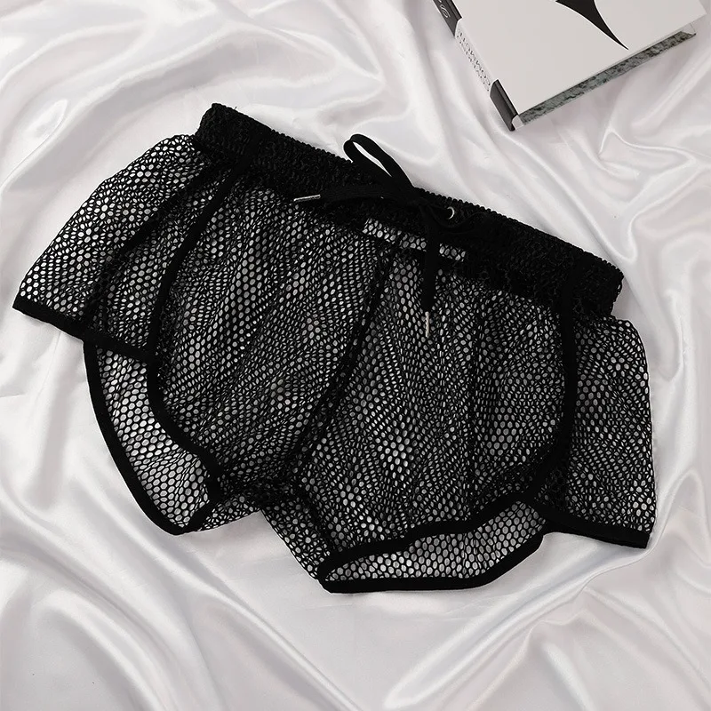 Men Casual Shorts Mesh Fishnet See Through Aro Pants Loose Breathable Sports Trunk Boxer Shorts Sleep Bottoms Underwear Shorts