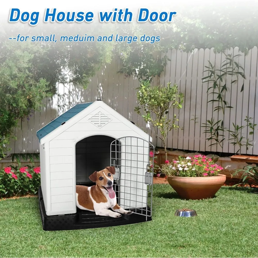 Dog Kennel Outdoor Waterproof Rainproof Pet House Crate with Door Indoor Plastic Puppy Cage, Medium