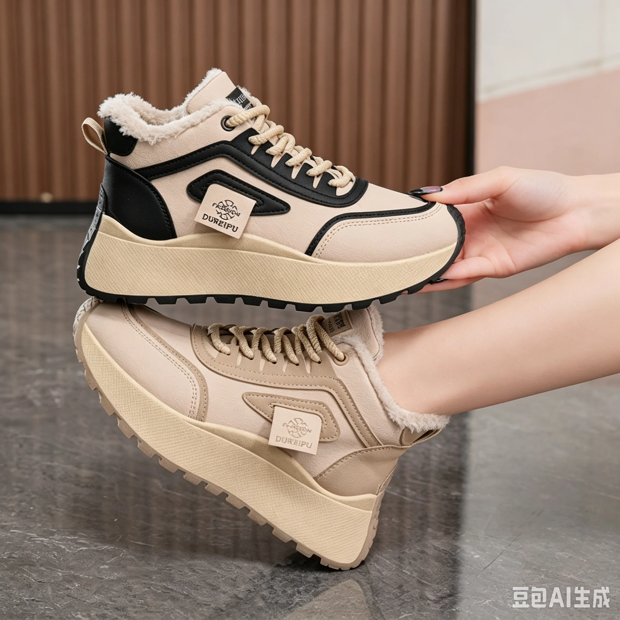 Women Fleece Lined Dad Sneakers Winter New Thick High Top Sport Shoes Korean Style Thick Sole Warm Cotton Shoes Fashion Simpleme