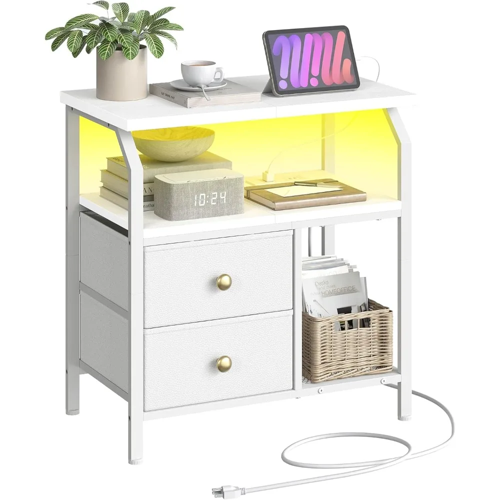 

Тумбочка шириной 23 дюйма с зарядной станцией и светодиодной подсветкой, прикроватная тумбочка с 2 тканевыми ящиками, прикроватная тумбочка, комод с