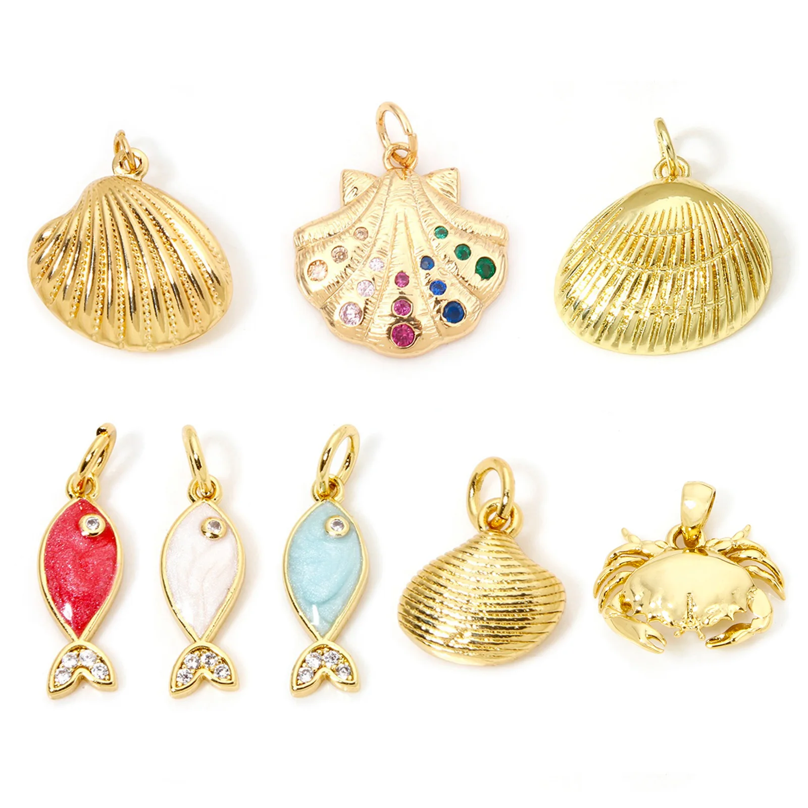 1 Piece Fish Charms 18K Gold Plated Ocean Shell Rhinestone Crab Animal Pendant For Jewelry Making Necklace DIY Findings image 2