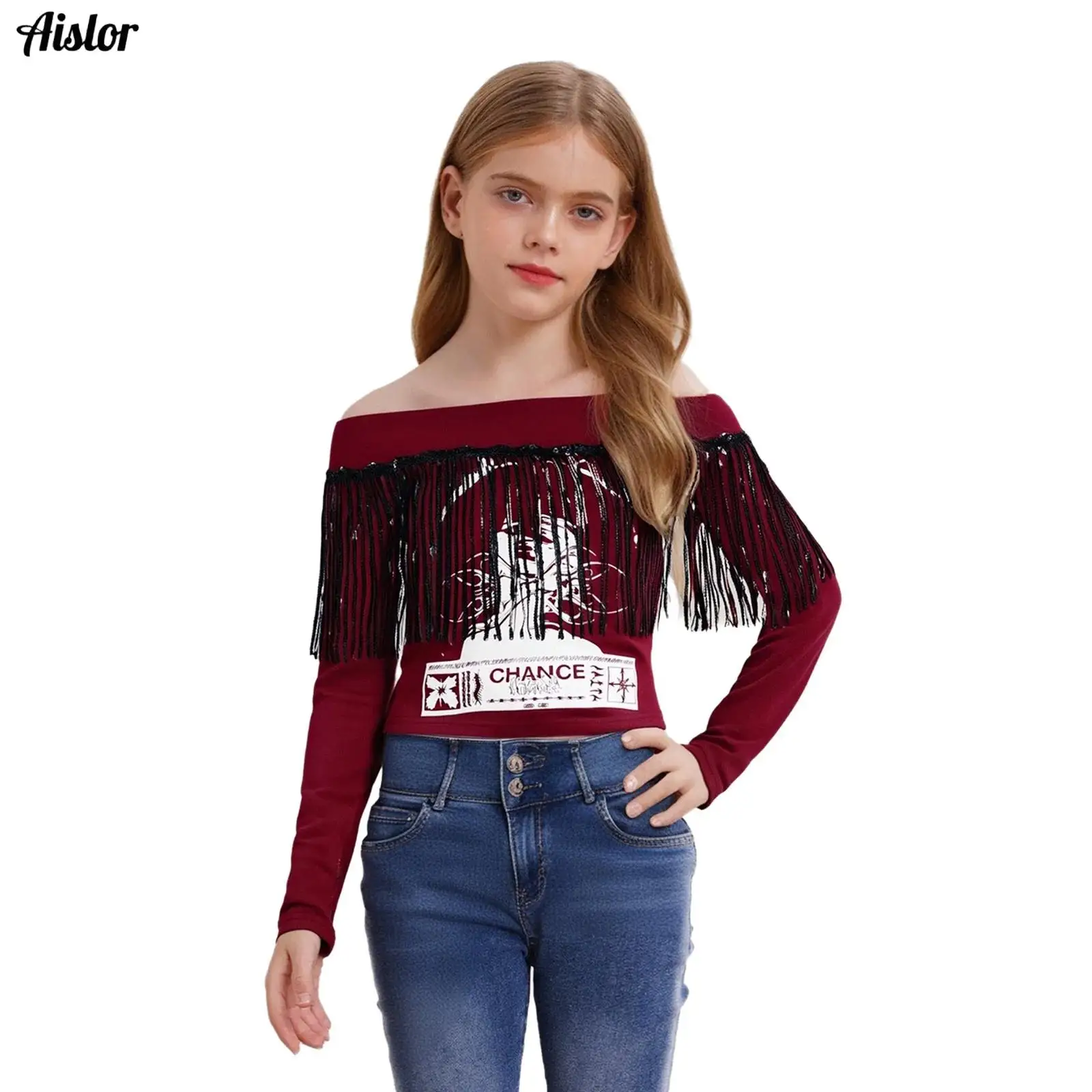 

Kids Girls T-shirt Hip-Hop Jazz Dance Costume Shiny Sequin Tassels Printed Top Off-Shoulder Long Sleeve Shirt Fashion Streetwear