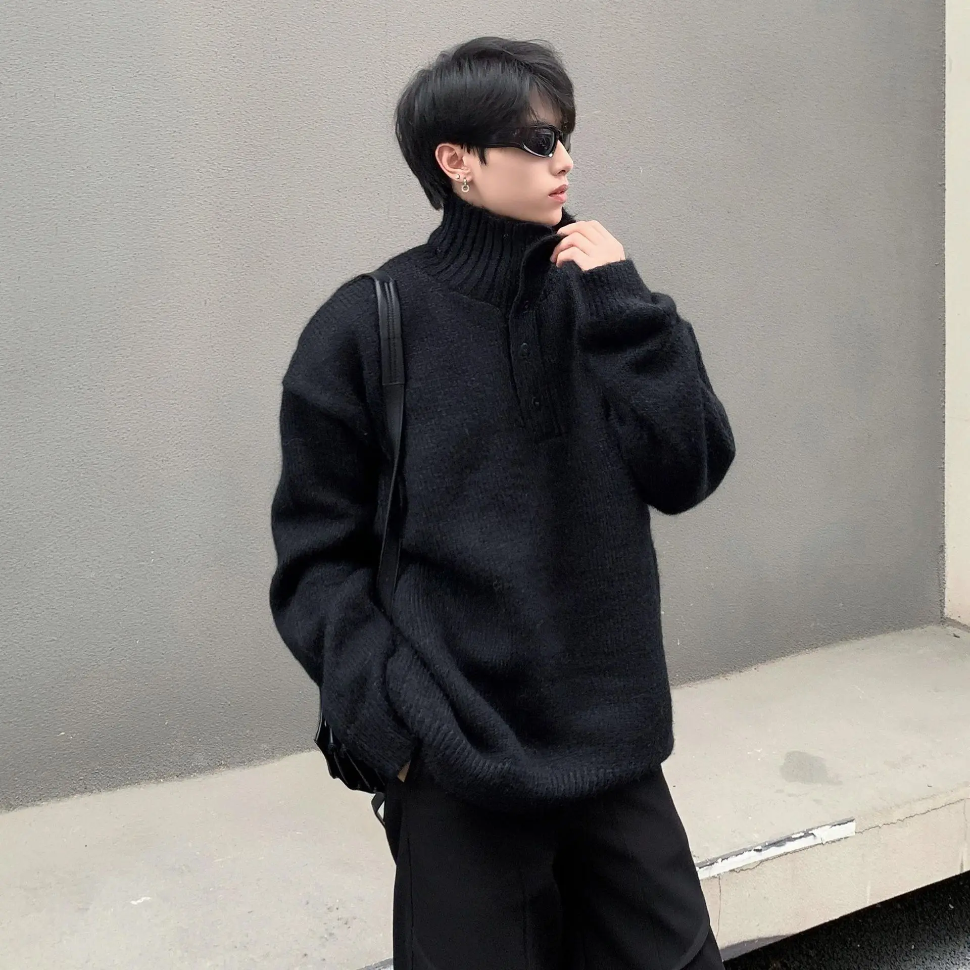 Henry Collar Breasted Knitted Sweater Men's Turtleneck Autumn And Winter Warm Outside With Loose Lazy Wind