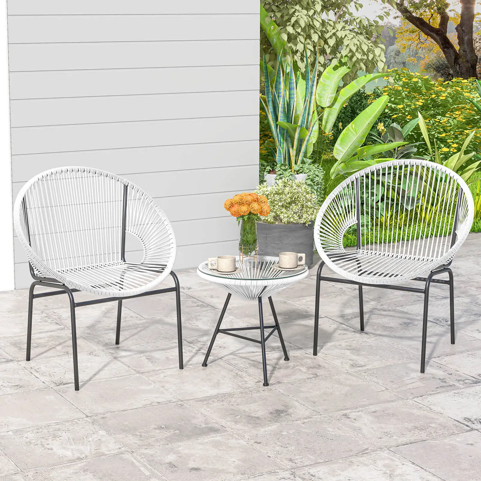 3 PCS Patio Acapulco Furniture Bistro Set Plastic Rope Glass Table White