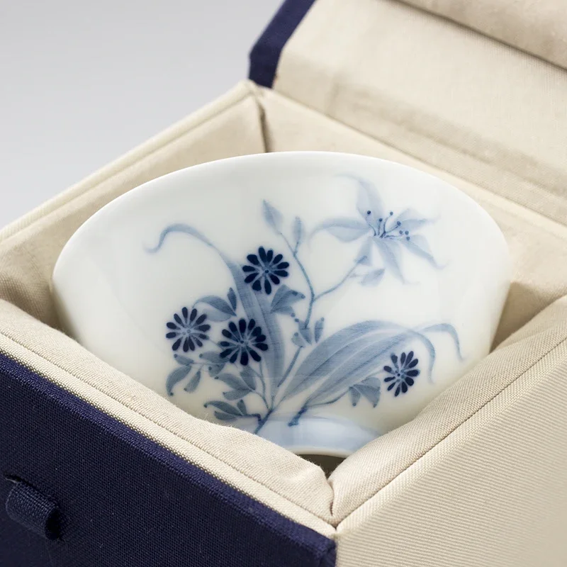 Dehua Thin-Walled White Porcelain Tea Cup Hand-Painted Blue Narcissus Kung Fu Tea Set Gift Box Chinese Artisan Ceramics Cup 80ml