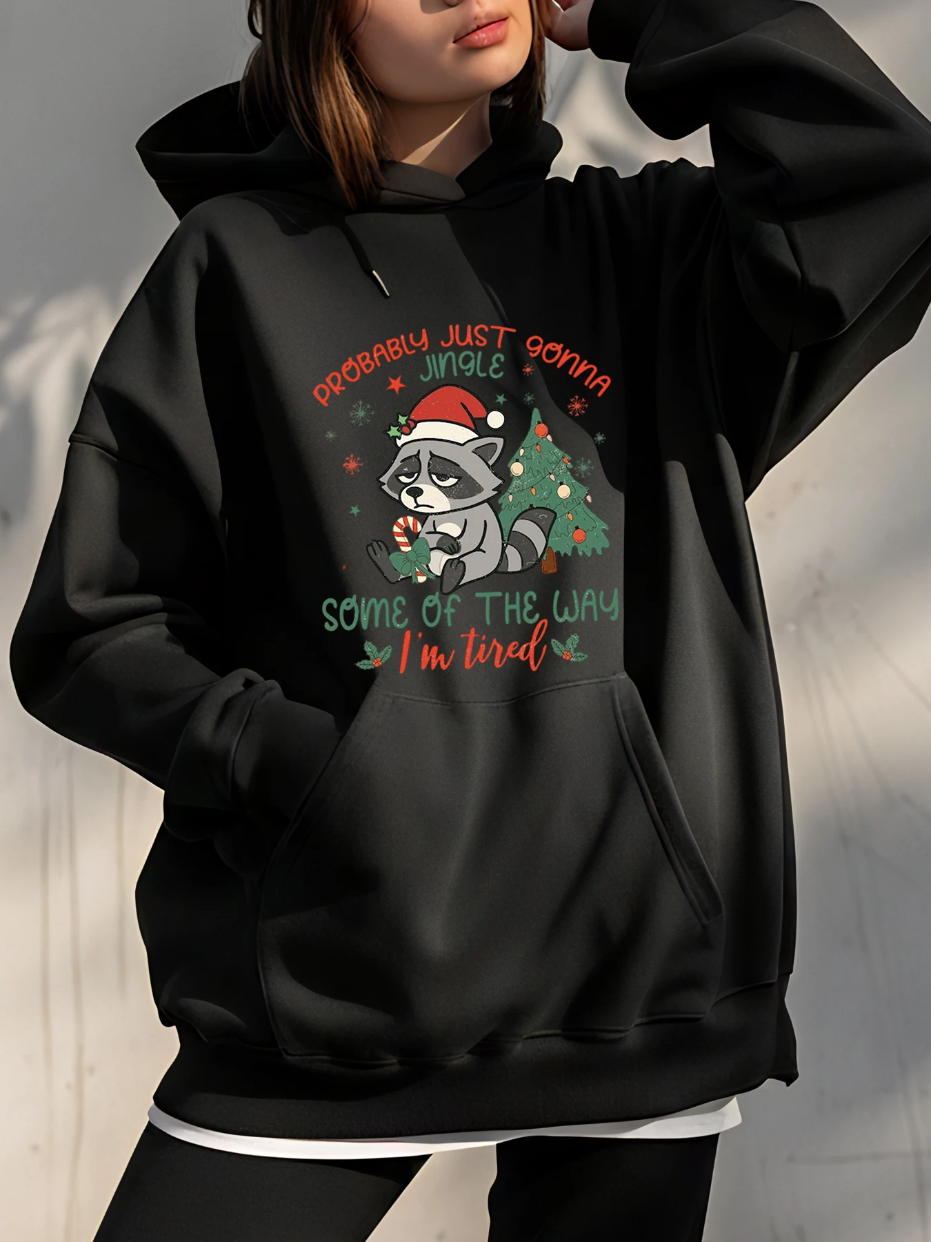 Christmas Raccoon Hoodie with Festive Tree and Candy Cane Print for Women Casual Winter Wear