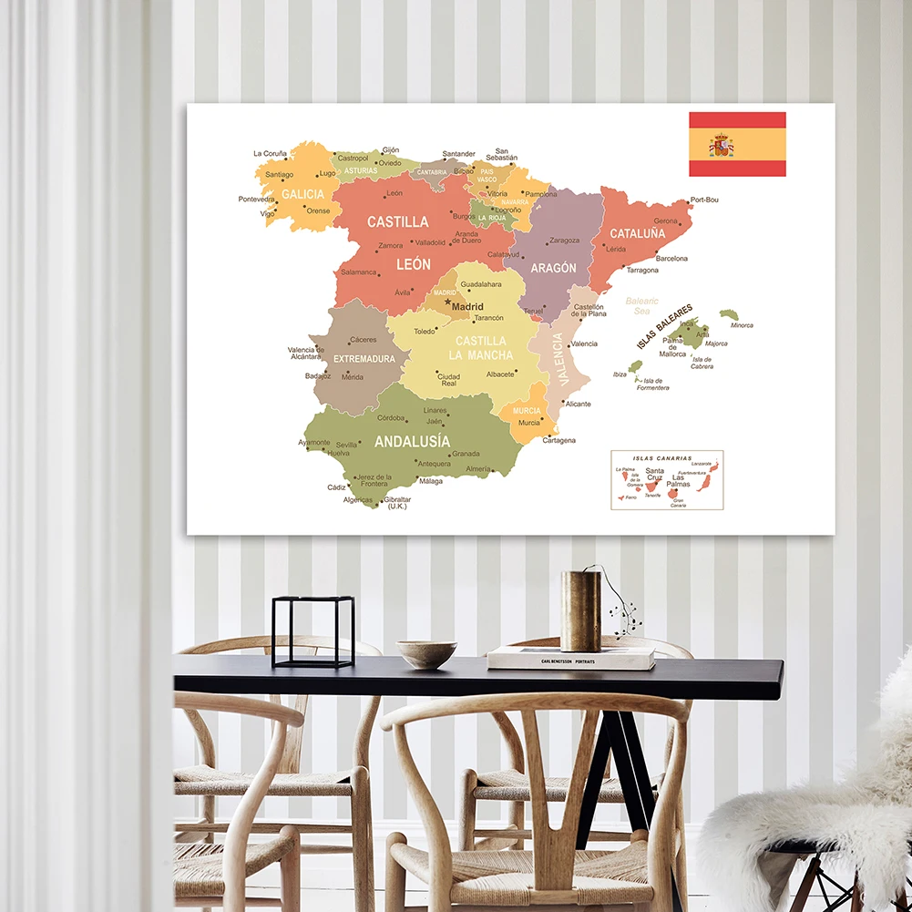 Póster de pared grande de mapa de España en español, lienzo no tejido, pintura para oficina, decoración del hogar, suministros escolares para niños, 225x150 Cm