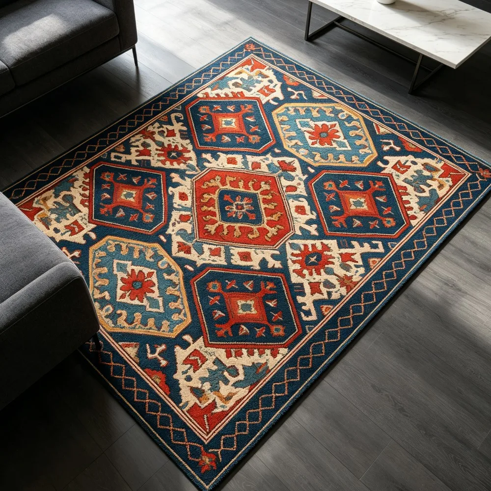 Living Room Rug Geometric Medallion Carpet Blue Red Sofa Coffee Table Floor Mat NonSlip Southwestern Vintage Area Rug