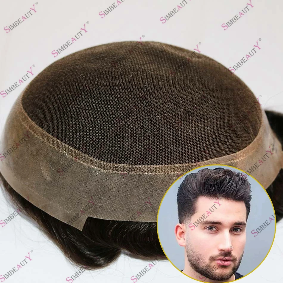 Australian Lace Top Microskin Poly Human Hair Toupee for Men 120% Density Brown Hair Breathable Classic Hairpiece for Hairloss