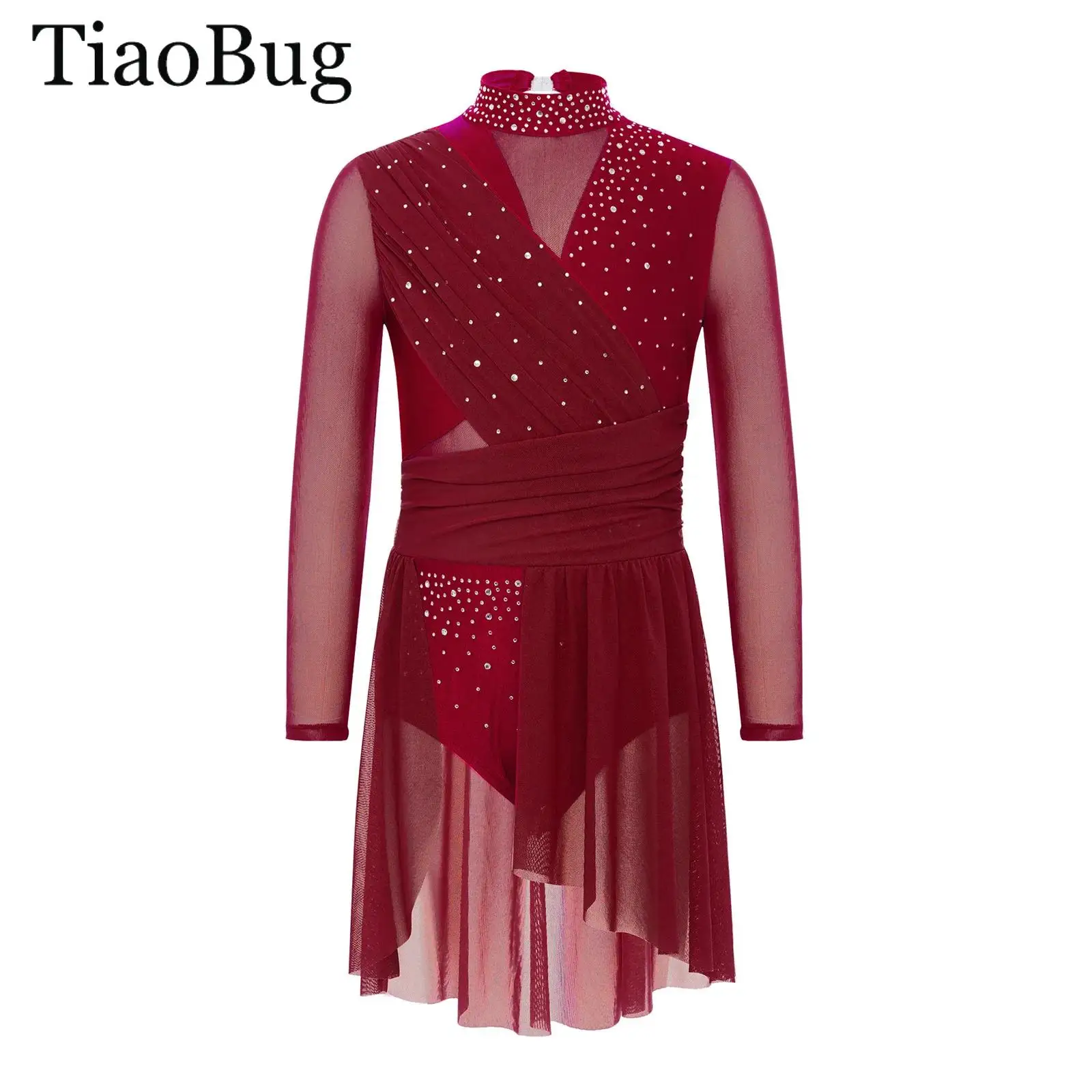 

Kids Girls Ballet Lyrical Dance Dress Long Sleeve Side Split Sheer Mesh Rhinestones Gymnastics Figure Skating Leotard Dresses