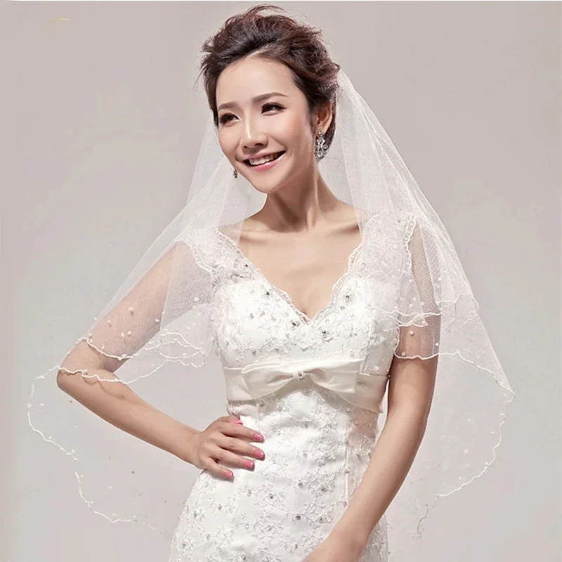 

Simple Tulle Pearl Wedding Veils Two Layer Veil Bridal Accesories White / Ivory ACCESSORIES