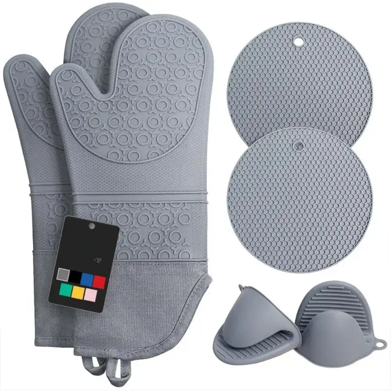 

Extra Long Oven Mitts and Pot Holders Sets: Heat Resistant Silicone Oven Mittens with Mini Oven Gloves and Hot Pads Potholders