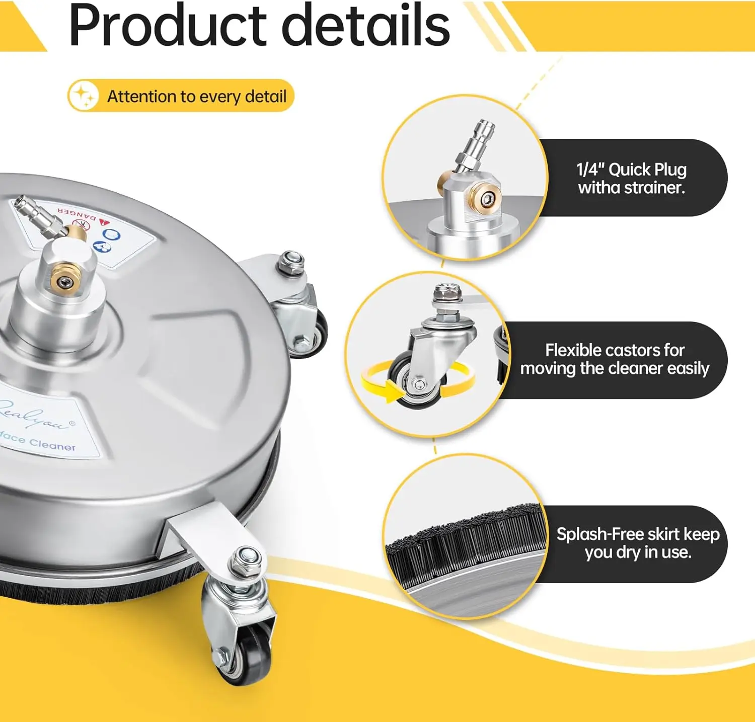 منظف أسطح غسالة الضغط مقاس 14 بوصة مع 4 عجلات، من الفولاذ المقاوم للصدأ للخرسانة والفناء والسطح والممر