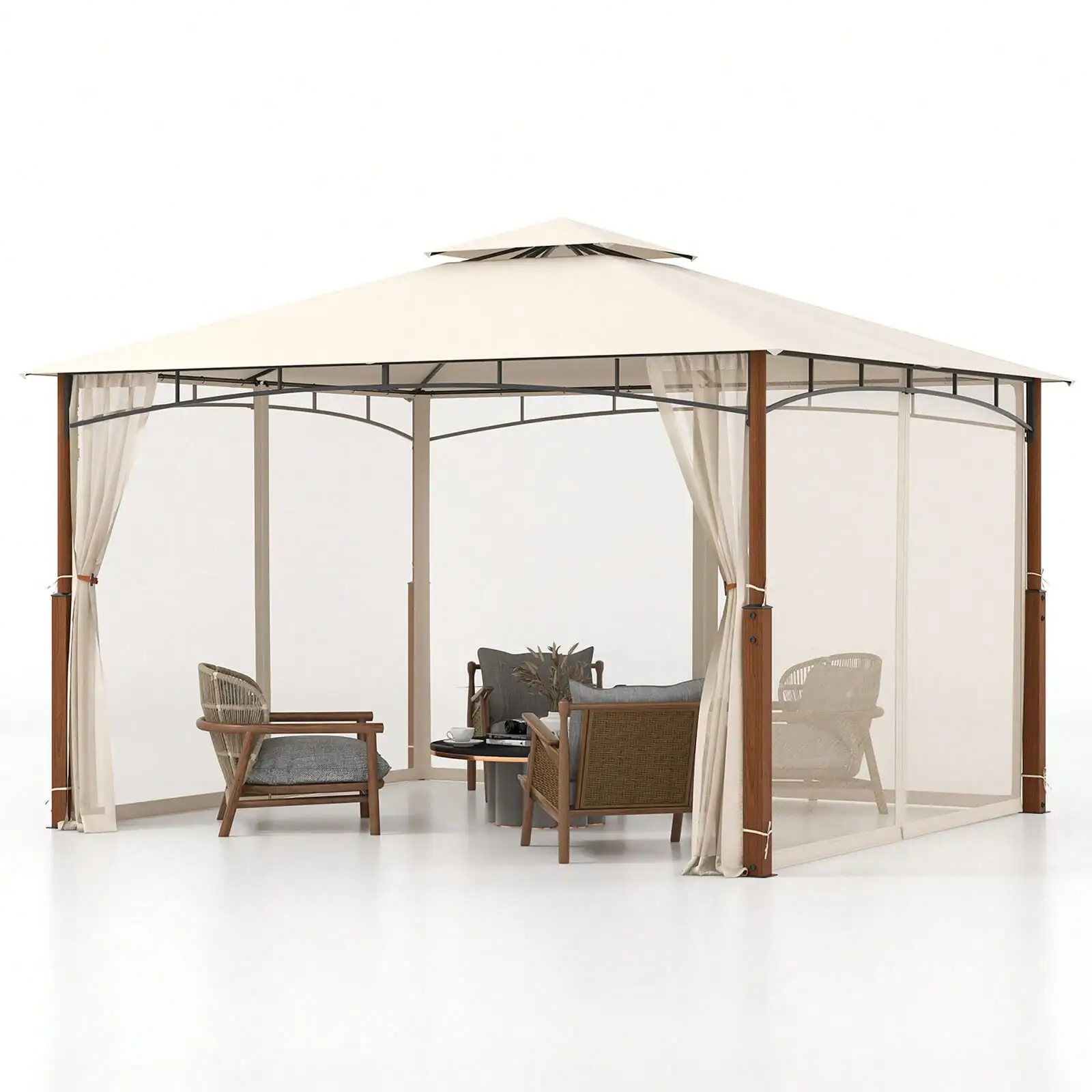 

12' x 10' Outdoor Patio Gazebo w/ Netting 2-Tier Canopy Roof Metal Frame