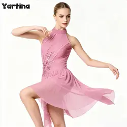 Women’s Shiny Rhinestones Gymnastic Artistic Skating Costume Ballet Lyrical Dance Leotard Dress Mesh Tulle Leotard Skirted Dress