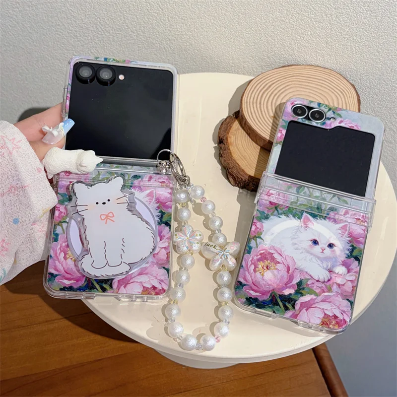 

3D Cute Cat Floral Pearl magnetic phone case For Samsung Galaxy Z Flip 8 5 6 7 for Magsafe Shockproof Cover Foldable Coque