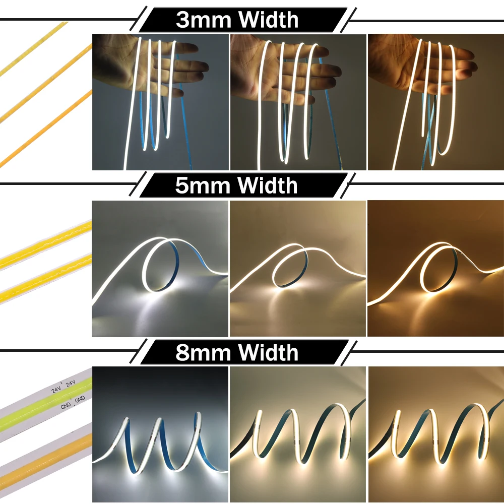 3mm Ultra Thin COB LED Strip Light 5mm 8mm Flexible LED Bar 12V 24V 384Leds/m High Density Linear Light Backlight for Decoration