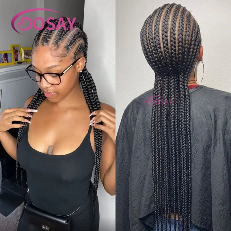 باروكات مضفرة من الدانتيل بالكامل مقاس 36 بوصة للنساء، ضفائر كورنو صناعية طويلة مع شعر أطفال، شعر مستعار أسود أفريقي