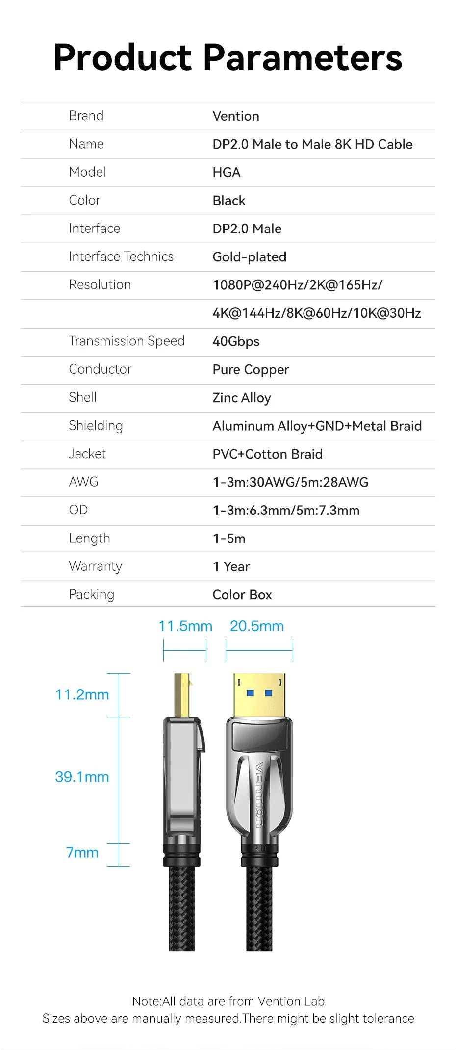 Vention 10K DisplayPort-Kabel 8K@60Hz 4K@165Hz 40 Gbit/s Display Port Audiokabel unterstützt HDR HDCP 2.2 für Gaming-Monitor TV DP 2.0 – Detail 16