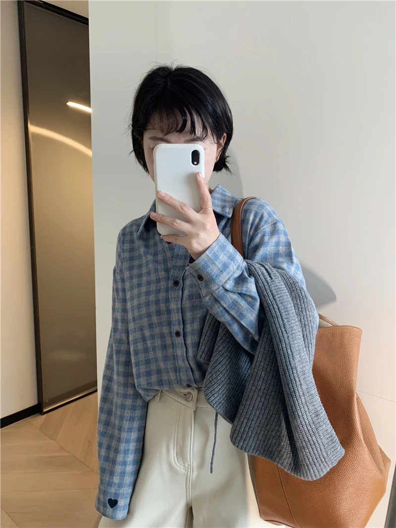 

Casual Loose Cotton Plaid irt Women's Long Sve Turn-down Collar Blue ey Stripes Comfortable Breathable Korean Sle Top