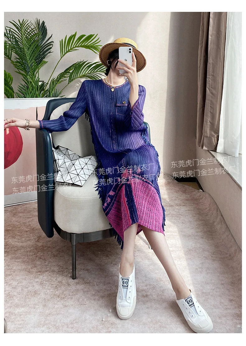 

Loose Round Neck Tassel Printed Pleated Long Dress 2025 Summer New Miyake Pleated