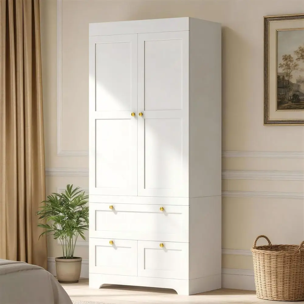 

VELTENOVAIRE 2-Door Wardrobe Closet with 3 Ders, 71" Tall White Wood Armoire Wardrobe Closet Organizer System & Storage Cabinet
