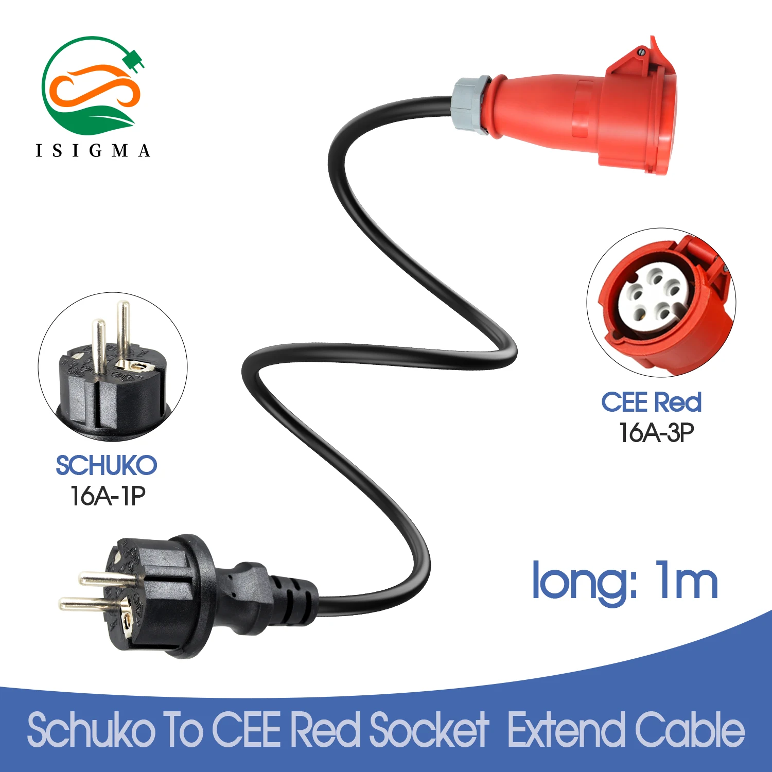 ISIGMA Portable 16A 3 Phase 11KW EV Charger Adapter Schuko Plug to CEE Red Power Female Socket Connect for Electric Vehicle