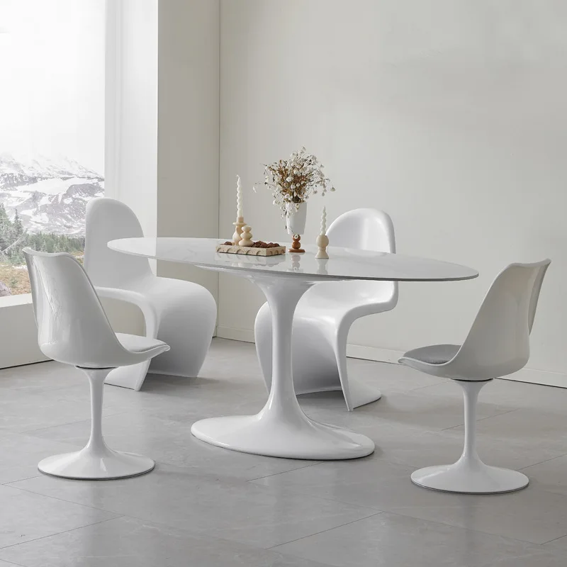 Tulip oval dining table household retro style light luxury high-end white marble dining table and chairs combination