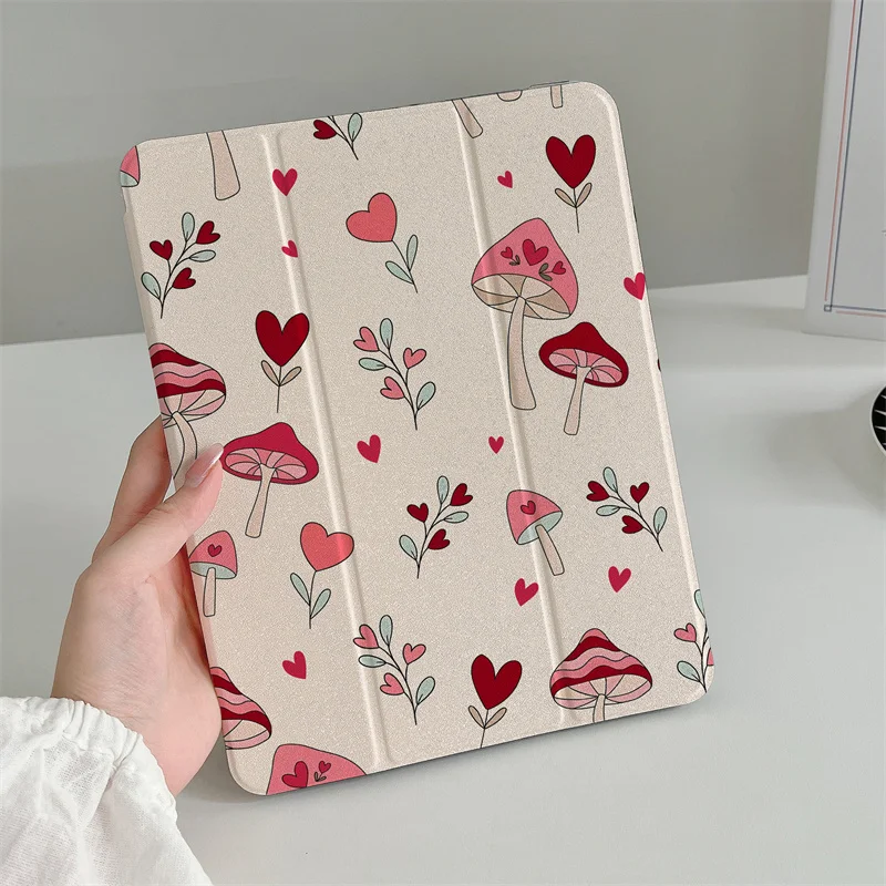 For Apple iPad Pro 2024 11 inch Air5/4 10.9 iPad 10/8/9 9.7 Air 3 10.2/10.5'' mini 6/5 Cover Mushroom Cute Case with Pen Holder