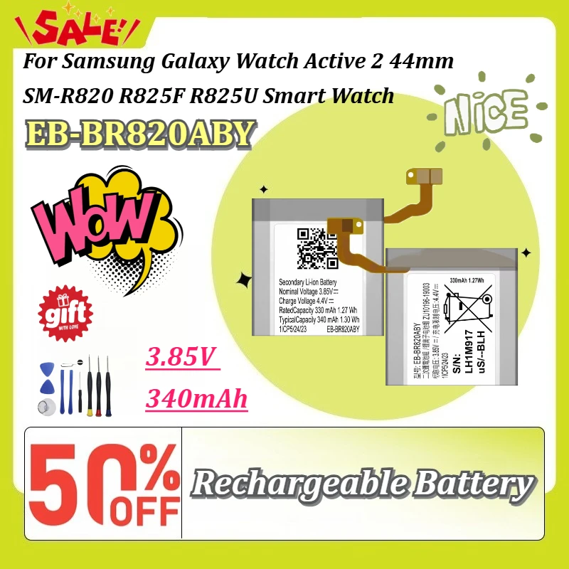 New EB-BR820ABY 3.85V 340mAh Smart Watch Battery For Samsung Galaxy Watch Active 2 44mm SM-R820 R825F R825U With Free Tools