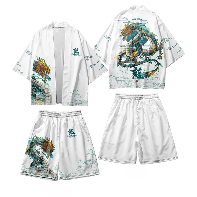 Two-piece Set Traditional Kimono Shorts Men Dragon Print Japanese Female Women Cardigan Yukata + Shorts Summer