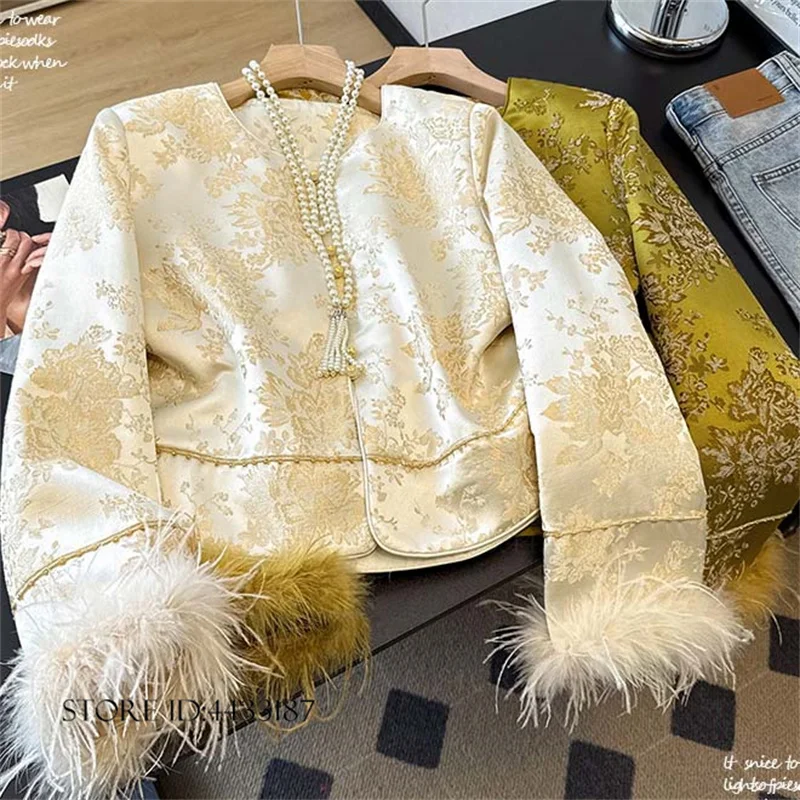 New Chinese Style Women's Tang Costume Jacket Vintage Feather Jacquard Qipao Tops Coat Autumn Winter Fashion Streetwear Outwear