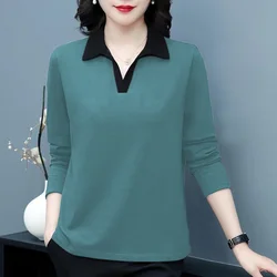 Cotton Lapel Long Sleeved T-shirt for Women in Spring and Autumn New Solid Color Middle-aged Polo Shirt Oversized Trendy Top
