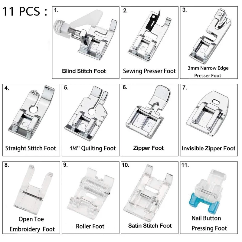 11PCS Presser Foot Kit Set Fabric presser for Sewing Fit For Singer Brother Janome Domestic Sewing Machine Parts Accessories