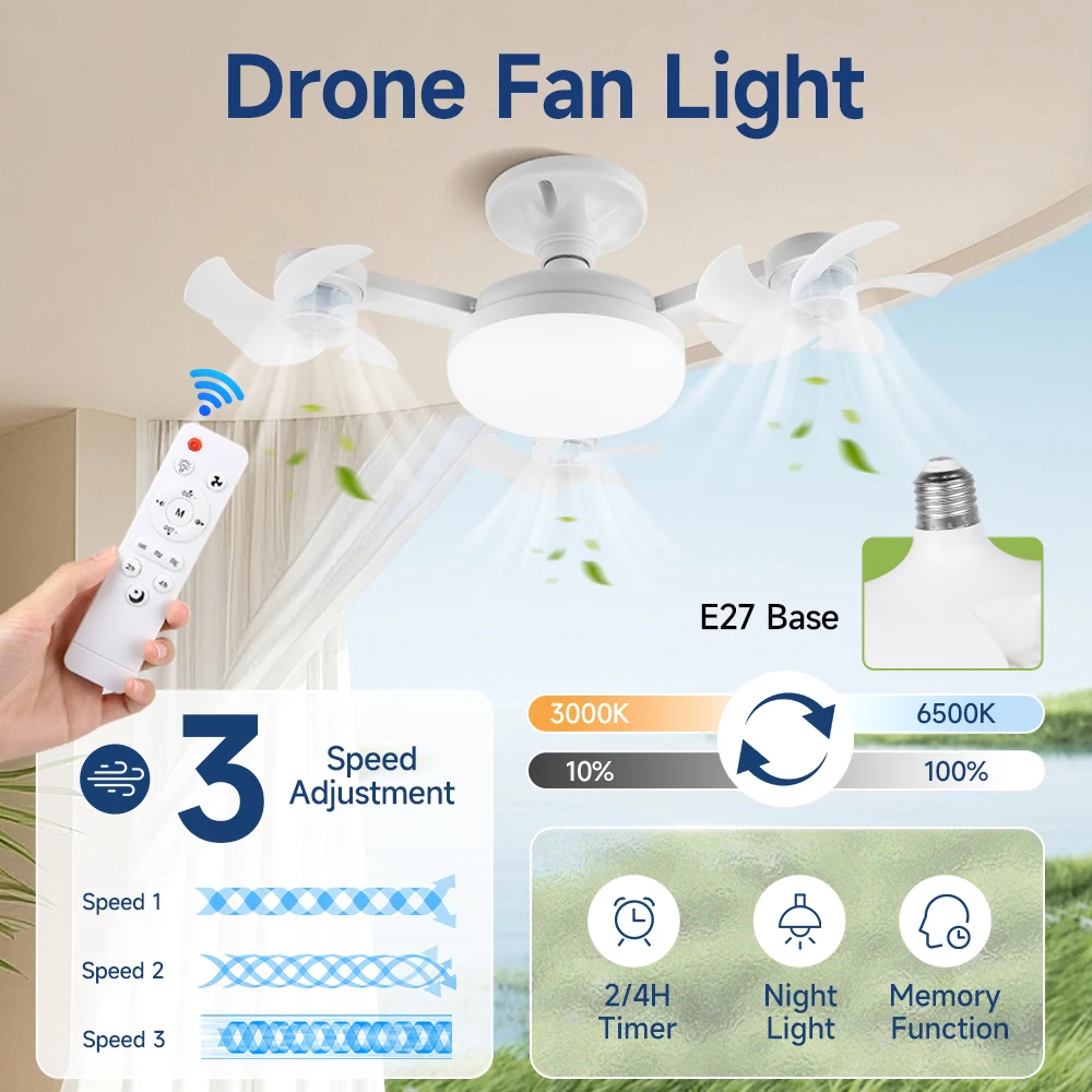 Led Ceiling Fan Lamp Speed Adjustable Timer Setting E27 Ceiling Fan Light for Bedroom Kitchen Garage Fan Lamp Fixtures 110v